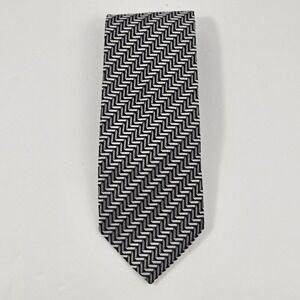 Faconnable Mens Silk Tie Geometric Chevron Zig Zag Black Grey White Hand Made